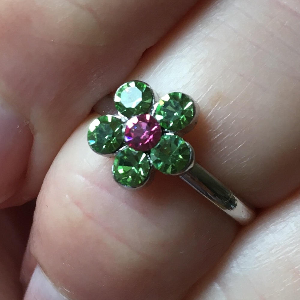 Austrian Crystal Daisy Ring Genuine Green Petals w/ Pink Center Cookie Lee